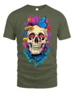 Floral Skull With Butterfly and Mushroom Art T-Shirt - military green t-shirt on white background
