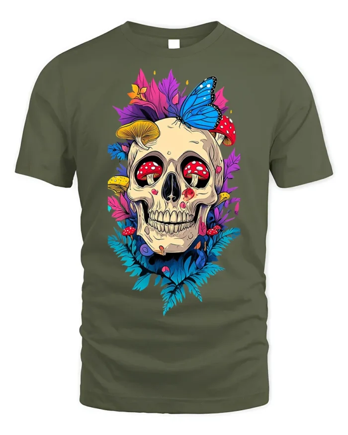 Floral Skull With Butterfly and Mushroom Art T-Shirt - military green t-shirt on white background