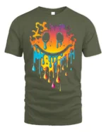 Melting Neon Smiley Face Dripping Art T-Shirt - military green t-shirt on white background