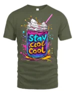 Stay Cool Colorful Milkshake Jar Graphic T-Shirt - military green t-shirt on white background