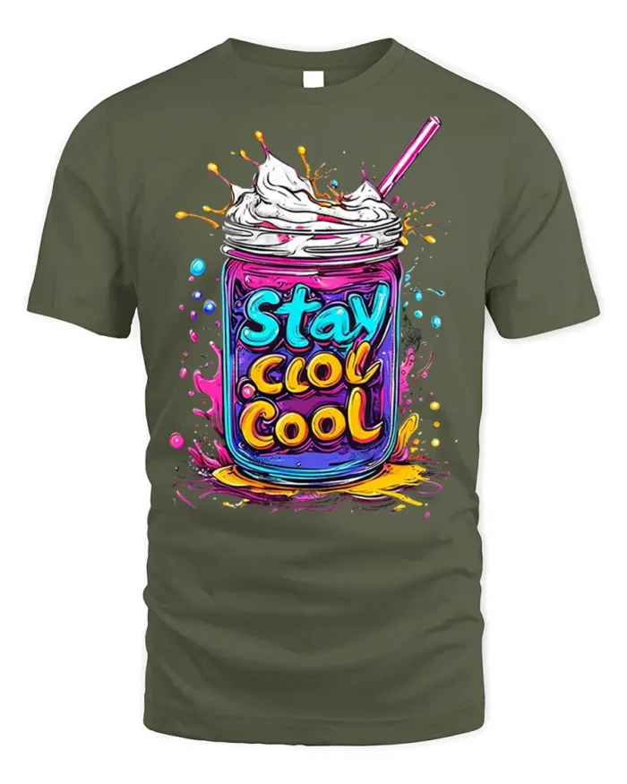 Stay Cool Colorful Milkshake Jar Graphic T-Shirt - military green t-shirt on white background