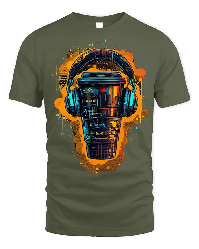 Futuristic Coffee Cup With Headphones Graphic T-Shirt - military green t-shirt on white background