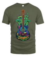 Psychedelic Guitar and Mushroom Art Graphic T-Shirt - military green t-shirt on white background