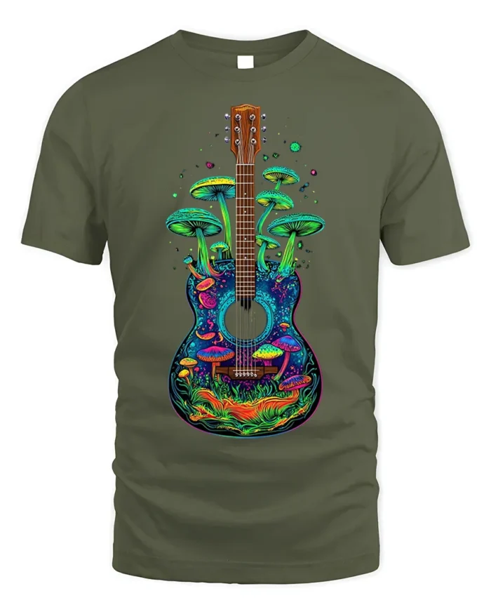 Psychedelic Guitar and Mushroom Art Graphic T-Shirt - military green t-shirt on white background