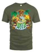 Tiki Skull Tropical Coconut Drink Graphic T-Shirt - military green t-shirt on white background