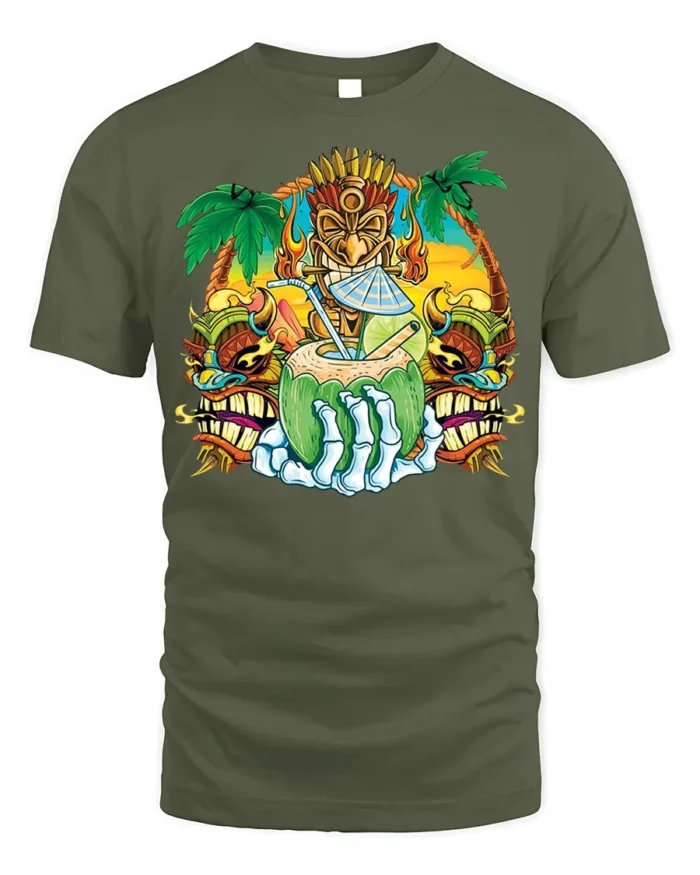 Tiki Skull Tropical Coconut Drink Graphic T-Shirt - military green t-shirt on white background