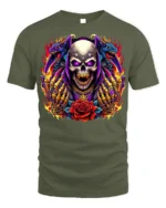 Skull With Dragons and Red Rose Fire Art T-Shirt - military green t-shirt on white background