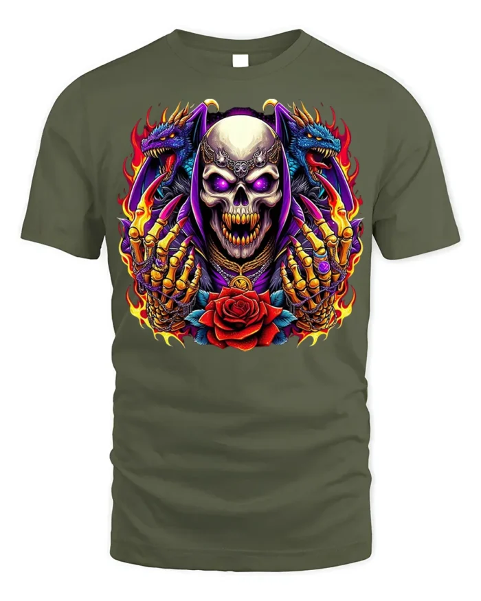 Skull With Dragons and Red Rose Fire Art T-Shirt - military green t-shirt on white background