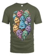Cute Kawaii Colorful Ice Cream Cone Graphic T-Shirt - military green t-shirt on white background