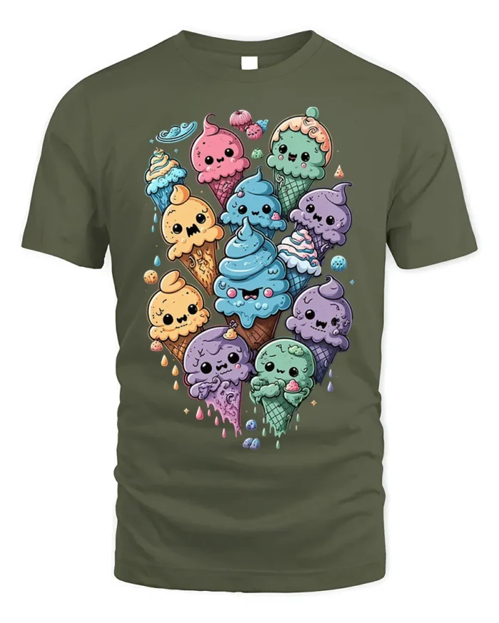 Cute Kawaii Colorful Ice Cream Cone Graphic T-Shirt - military green t-shirt on white background
