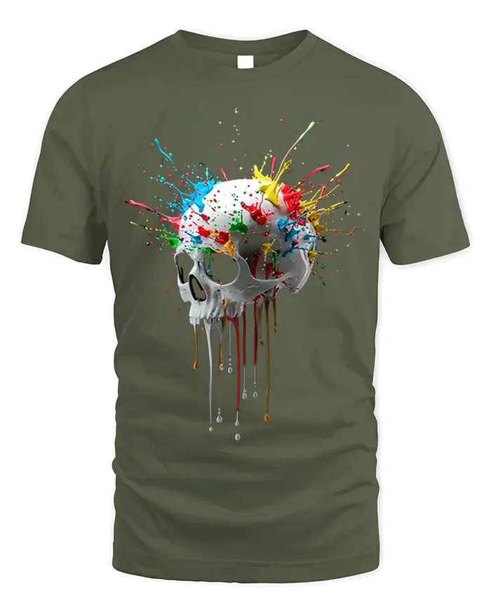 Color Splash Dripping Skull Artistic Graphic T-Shirt - military green t-shirt on white background