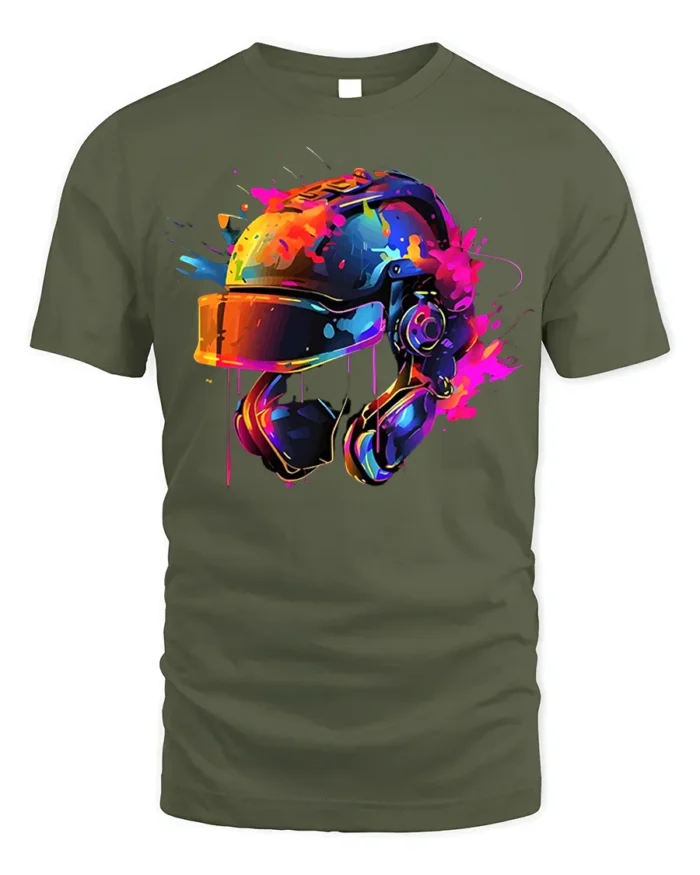 Color Splash Futuristic Combat Helmet Graphic T-Shirt - military green t-shirt on white background