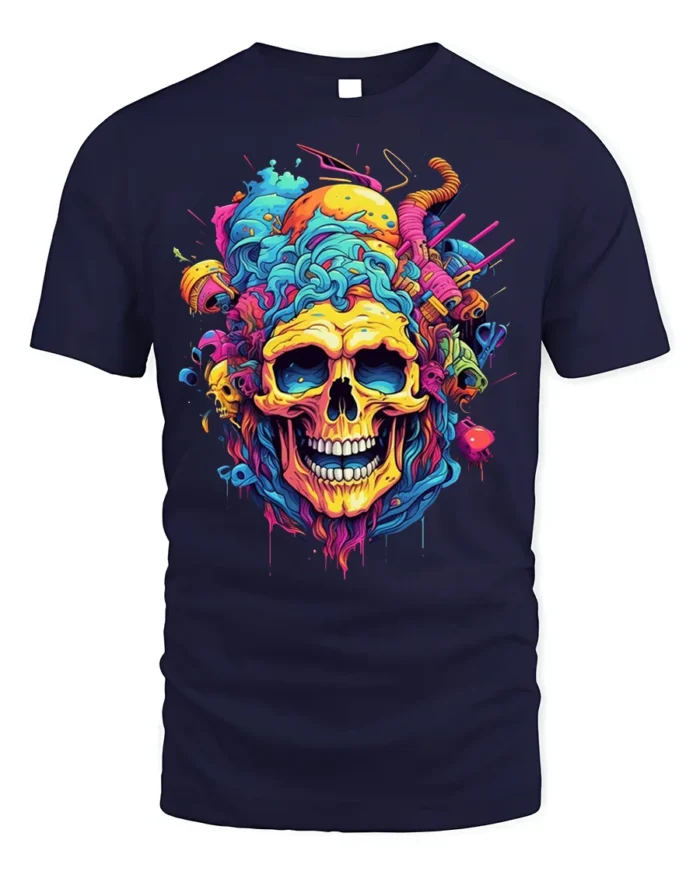 Psychedelic Skull Splash Art Graphic Black T-Shirt - navy t-shirt on white background