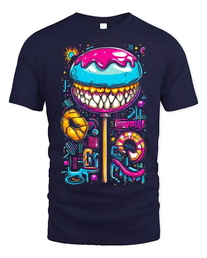 Psychedelic Candy Lollipop With Teeth Graphic T-Shirt - navy t-shirt on white background