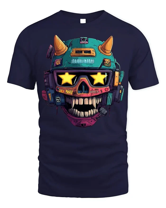 Cyberpunk Skull Helmet With Star Visor T-Shirt - navy t-shirt on white background