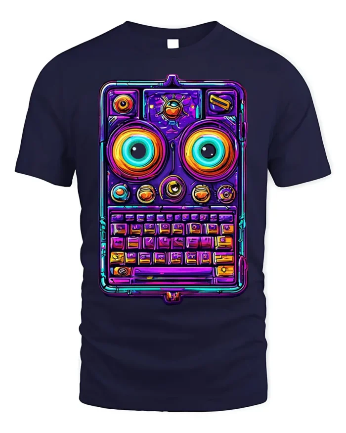 Neon Retro Robot Keyboard Face Graphic T-Shirt - navy t-shirt on white background