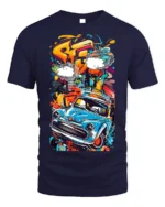 Retro Blue Car Graffiti Street Art Graphic T-Shirt - navy t-shirt on white background