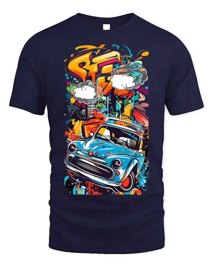 Retro Blue Car Graffiti Street Art Graphic T-Shirt - navy t-shirt on white background