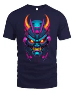 Neon Cyber Samurai Oni Mask Graphic T-Shirt - navy t-shirt on white background