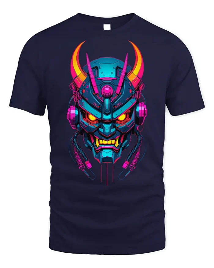 Neon Cyber Samurai Oni Mask Graphic T-Shirt - navy t-shirt on white background