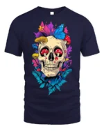 Floral Skull With Butterfly and Mushroom Art T-Shirt - navy t-shirt on white background