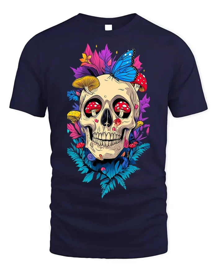 Floral Skull With Butterfly and Mushroom Art T-Shirt - navy t-shirt on white background