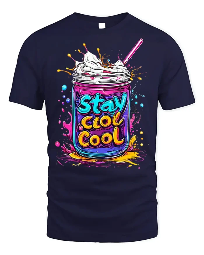 Stay Cool Colorful Milkshake Jar Graphic T-Shirt - navy t-shirt on white background