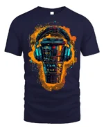 Futuristic Coffee Cup With Headphones Graphic T-Shirt - navy t-shirt on white background