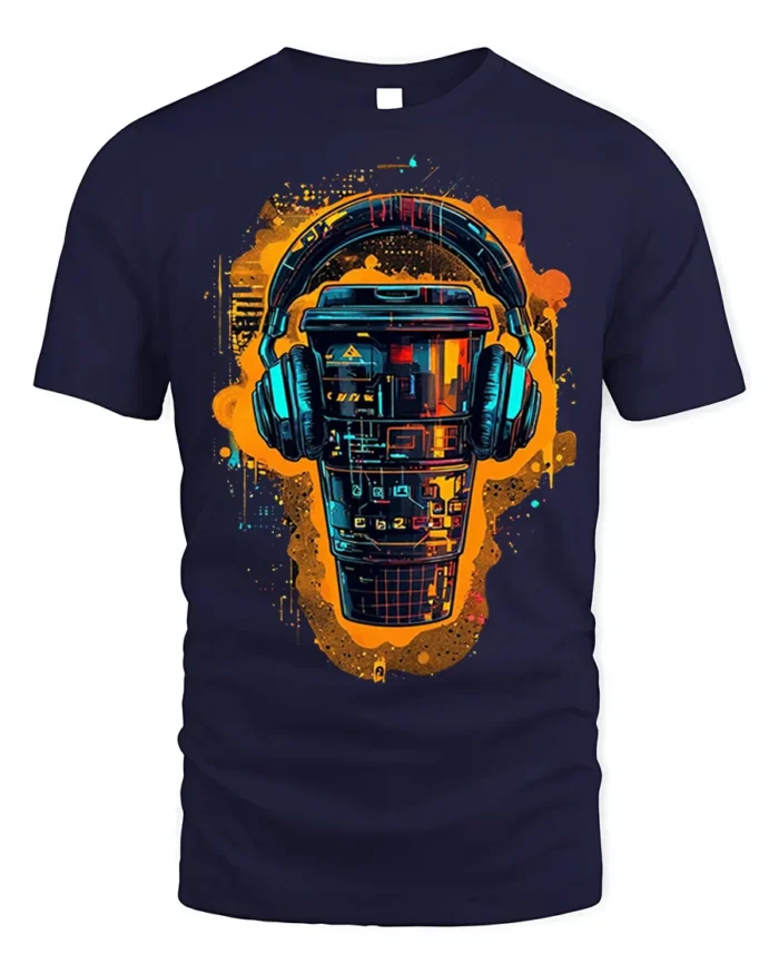 Futuristic Coffee Cup With Headphones Graphic T-Shirt - navy t-shirt on white background