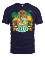 Tiki Skull Tropical Coconut Drink Graphic T-Shirt - navy t-shirt on white background