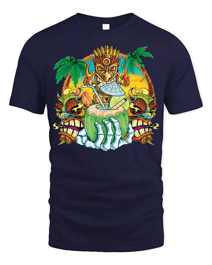 Tiki Skull Tropical Coconut Drink Graphic T-Shirt - navy t-shirt on white background