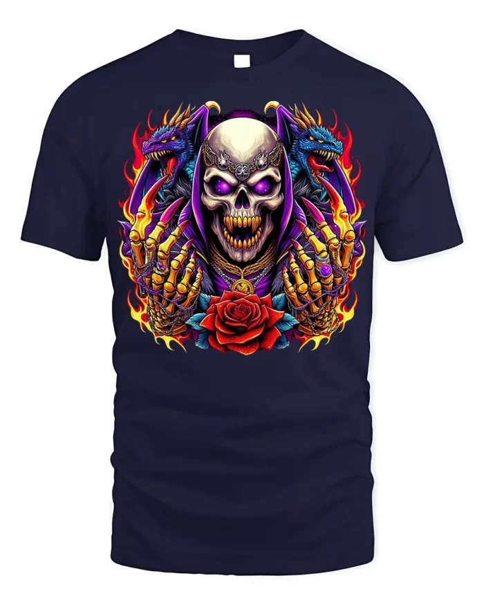 Skull With Dragons and Red Rose Fire Art T-Shirt - navy t-shirt on white background