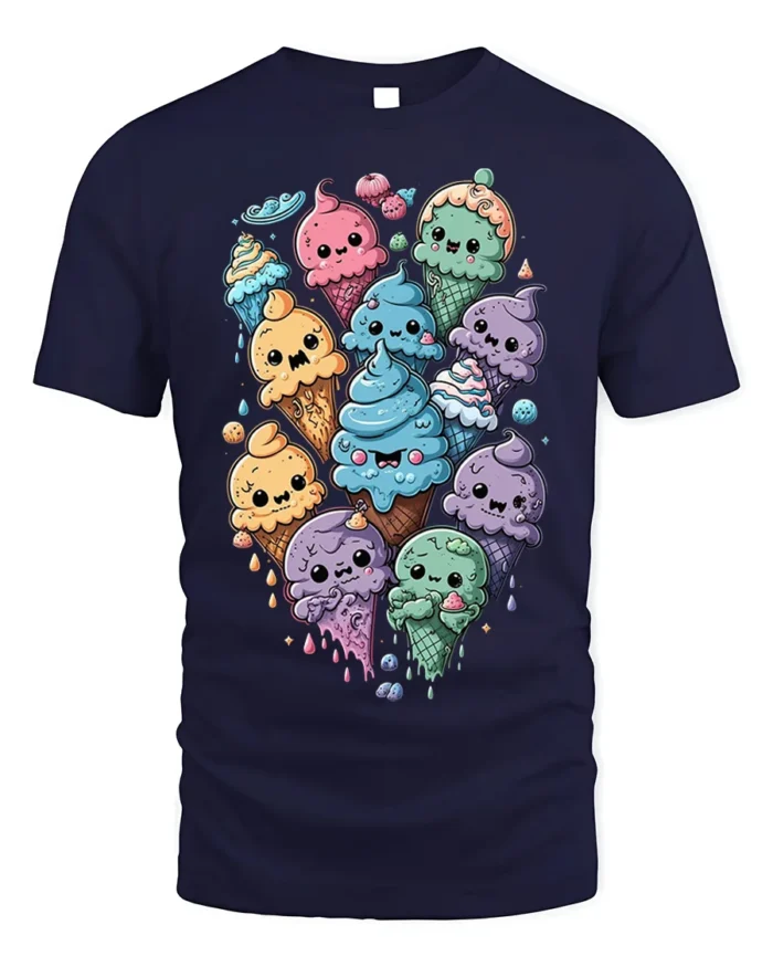 Cute Kawaii Colorful Ice Cream Cone Graphic T-Shirt - navy t-shirt on white background