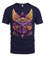 Steampunk Winged Gear Cube Mechanical Art T-Shirt - navy t-shirt on white background