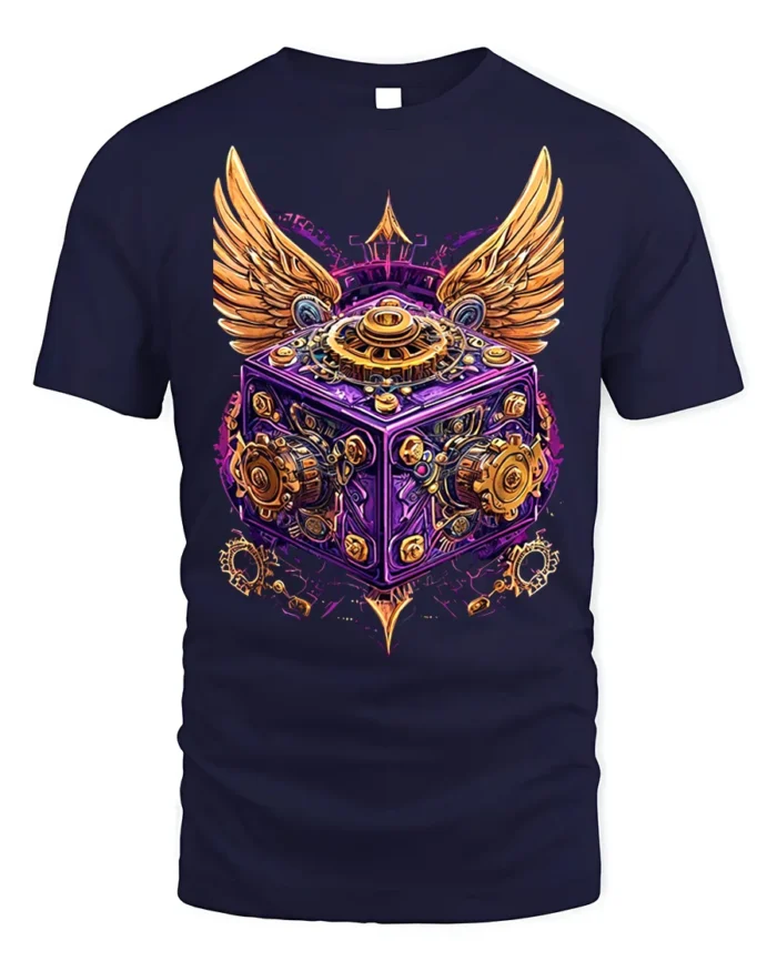 Steampunk Winged Gear Cube Mechanical Art T-Shirt - navy t-shirt on white background