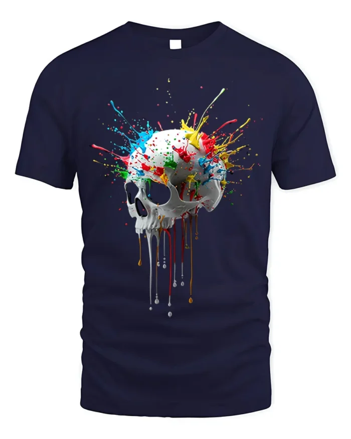 Color Splash Dripping Skull Artistic Graphic T-Shirt - navy t-shirt on white background