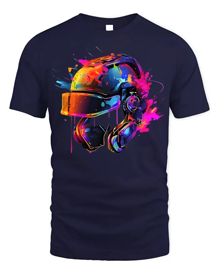 Color Splash Futuristic Combat Helmet Graphic T-Shirt - navy t-shirt on white background