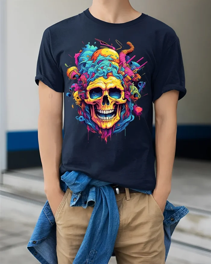 Psychedelic Skull Splash Art Graphic Black T-Shirt - model wearing navy shirt, hands in pockets