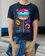 Psychedelic Candy Lollipop With Teeth Graphic T-Shirt - model wearing navy shirt, hands in pockets