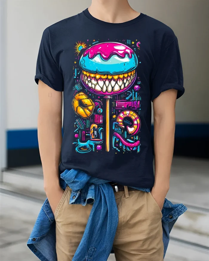 Psychedelic Candy Lollipop With Teeth Graphic T-Shirt - model wearing navy shirt, hands in pockets