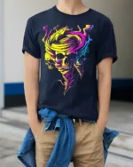 Neon Skull Tornado Swirl Psychedelic Graphic T-Shirt - model wearing navy shirt, hands in pockets
