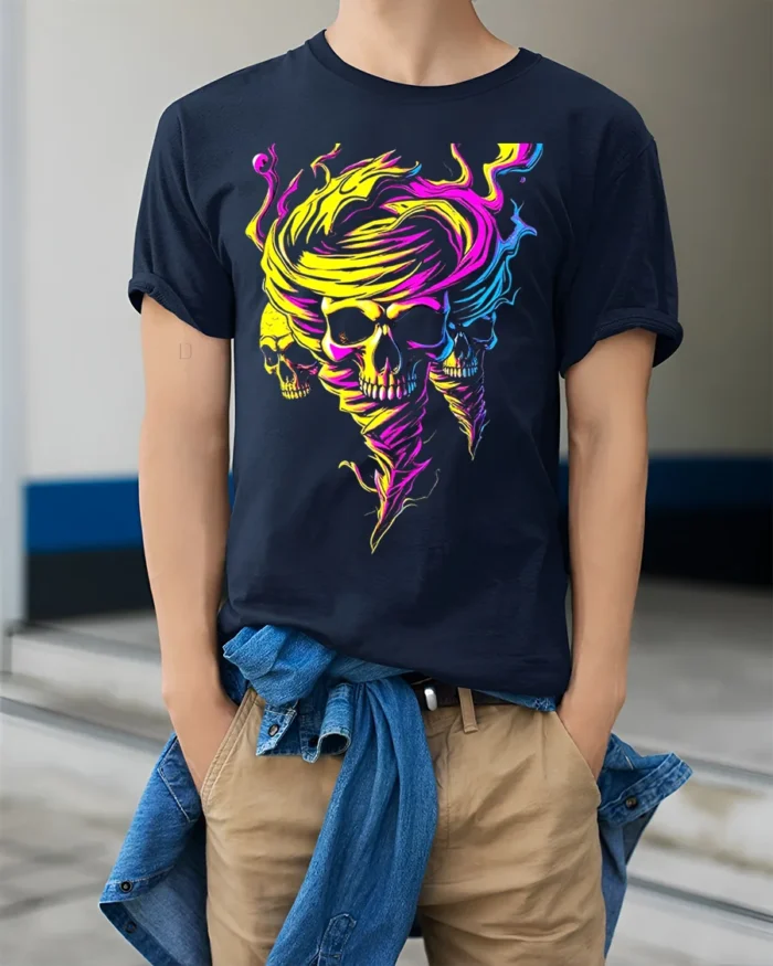 Neon Skull Tornado Swirl Psychedelic Graphic T-Shirt - model wearing navy shirt, hands in pockets