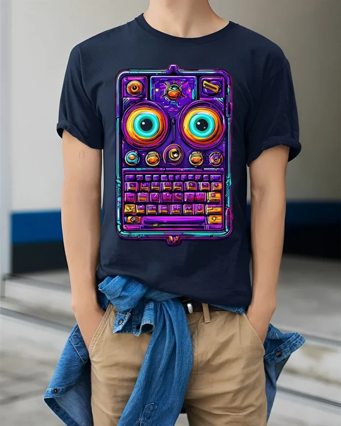 Neon Retro Robot Keyboard Face Graphic T-Shirt - model wearing navy shirt, hands in pockets