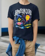 Bubblegum Gelato Street Art Graphic Black T-Shirt - model wearing navy shirt, hands in pockets