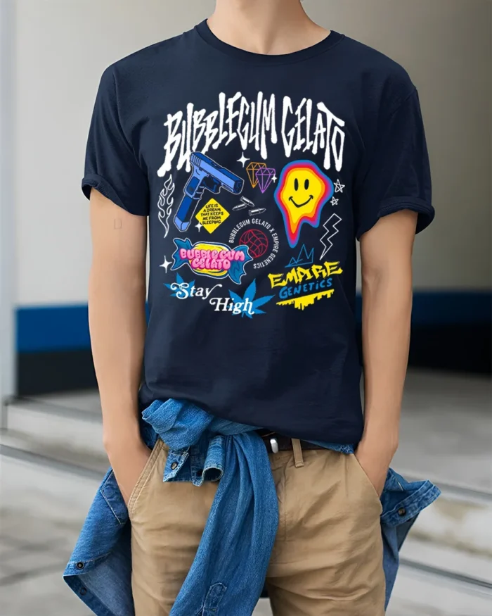 Bubblegum Gelato Street Art Graphic Black T-Shirt - model wearing navy shirt, hands in pockets