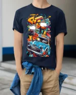 Retro Blue Car Graffiti Street Art Graphic T-Shirt - model wearing navy shirt, hands in pockets