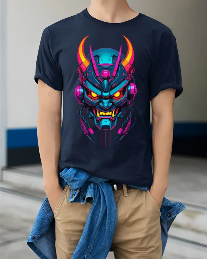 Neon Cyber Samurai Oni Mask Graphic T-Shirt - model wearing navy shirt, hands in pockets
