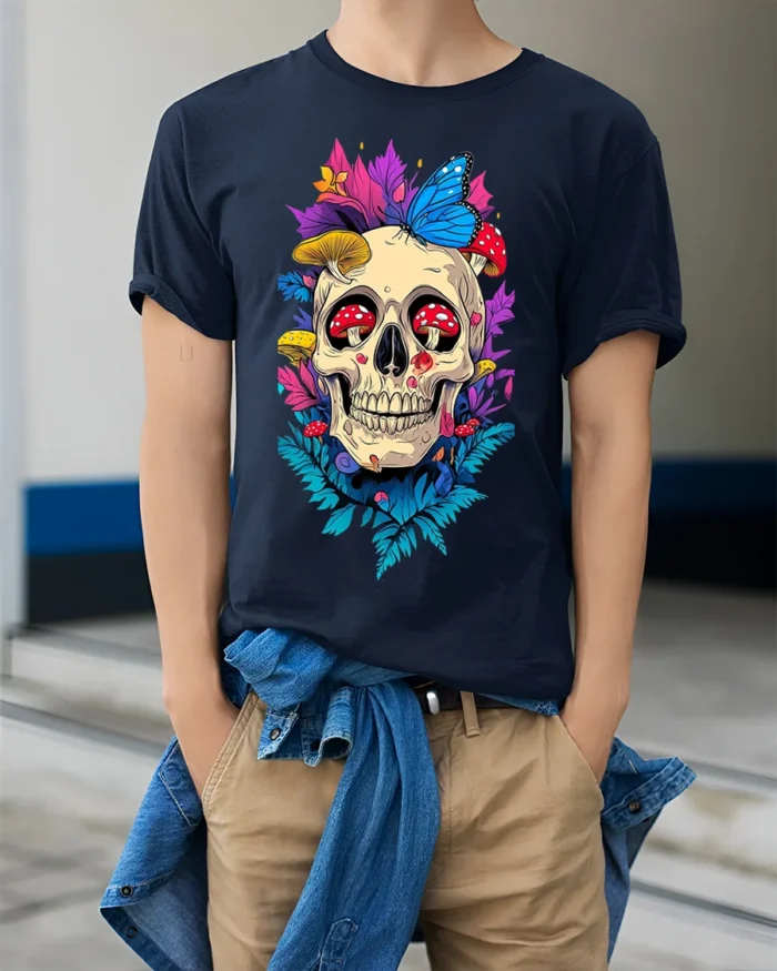 Floral Skull With Butterfly and Mushroom Art T-Shirt - model wearing navy shirt, hands in pockets