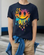 Melting Neon Smiley Face Dripping Art T-Shirt - model wearing navy shirt, hands in pockets