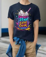 Stay Cool Colorful Milkshake Jar Graphic T-Shirt - model wearing navy shirt, hands in pockets